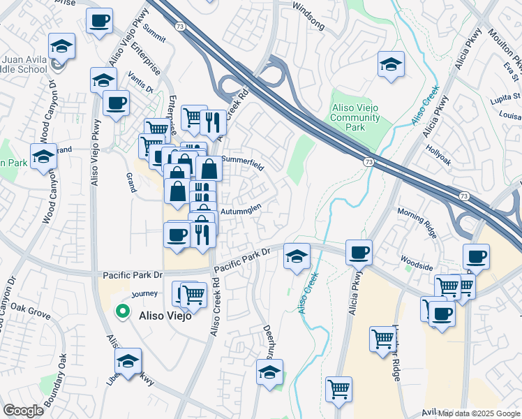 map of restaurants, bars, coffee shops, grocery stores, and more near 5 Meadowbrook in Aliso Viejo
