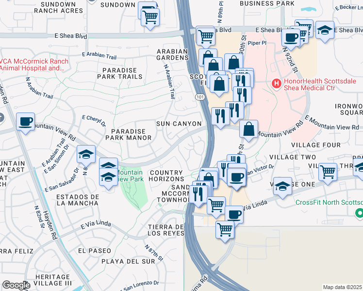 map of restaurants, bars, coffee shops, grocery stores, and more near 8787 East Mountain View Road in Scottsdale