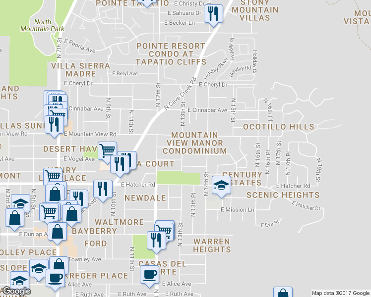 map of restaurants, bars, coffee shops, grocery stores, and more near 1251 East Mountain View Road in Phoenix