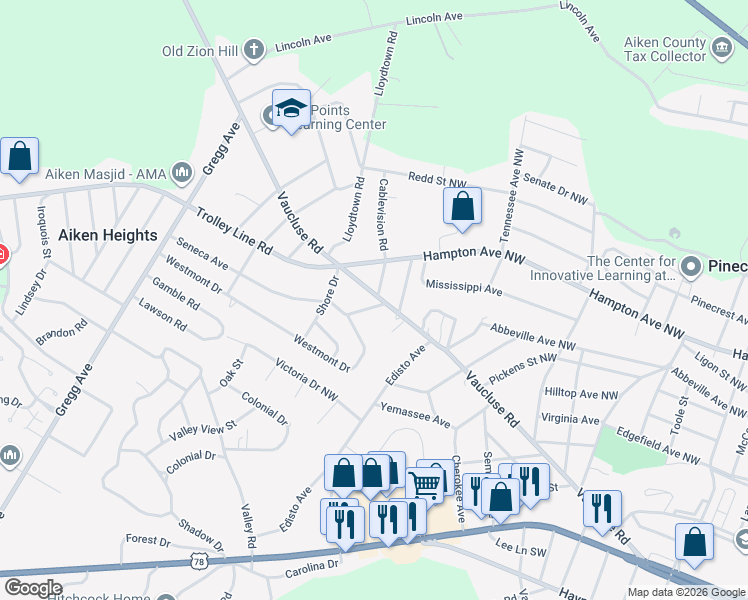 map of restaurants, bars, coffee shops, grocery stores, and more near 2915 Harden Dr in Aiken