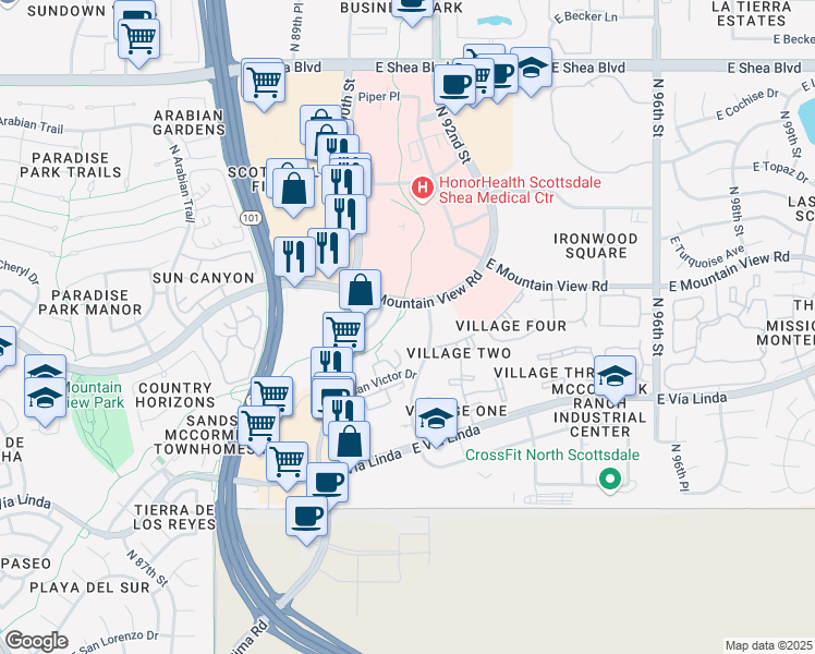 map of restaurants, bars, coffee shops, grocery stores, and more near 9700 North 91st Street in Scottsdale