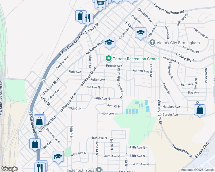 map of restaurants, bars, coffee shops, grocery stores, and more near 1353 Fulton Avenue in Birmingham