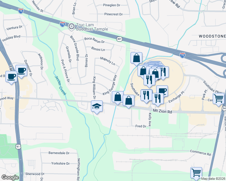 map of restaurants, bars, coffee shops, grocery stores, and more near 6593 King George Way in Morrow