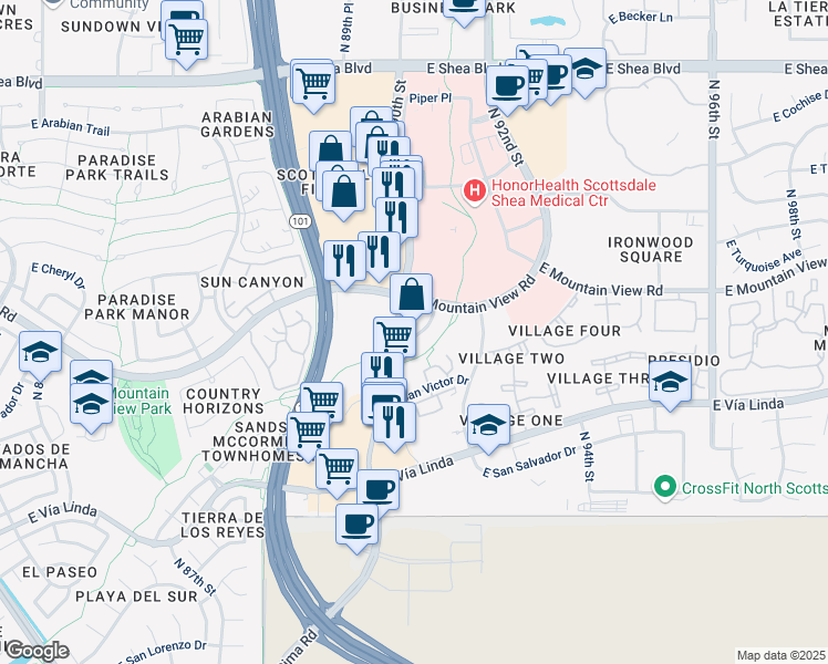 map of restaurants, bars, coffee shops, grocery stores, and more near 9755 North 90th Place in Scottsdale