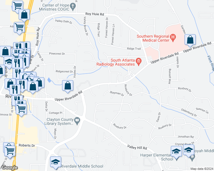 map of restaurants, bars, coffee shops, grocery stores, and more near 276 Stayman Drive in Riverdale