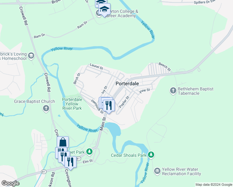 map of restaurants, bars, coffee shops, grocery stores, and more near in Porterdale