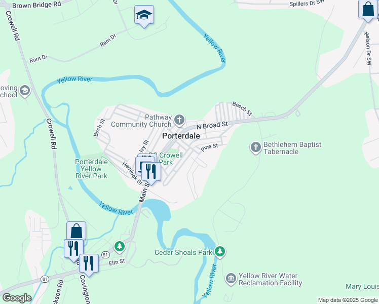 map of restaurants, bars, coffee shops, grocery stores, and more near in Porterdale