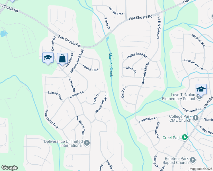 map of restaurants, bars, coffee shops, grocery stores, and more near 6590 Smoke Ridge Drive in Atlanta