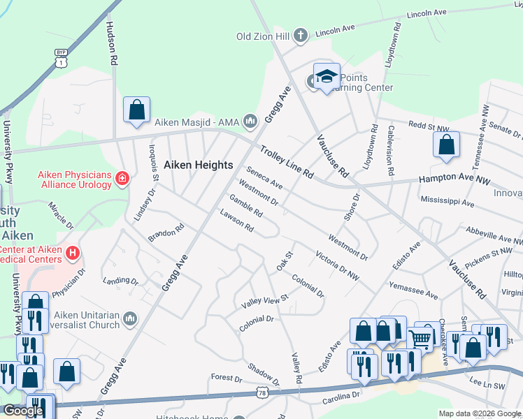 map of restaurants, bars, coffee shops, grocery stores, and more near 3511 Westmont Drive in Aiken