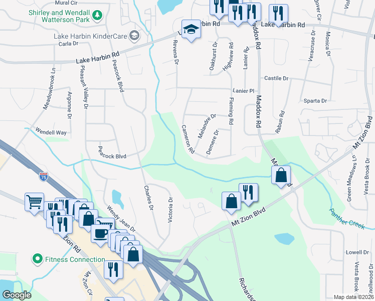 map of restaurants, bars, coffee shops, grocery stores, and more near 6611 Cameron Road in Morrow