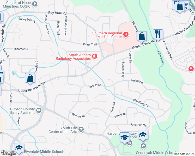 map of restaurants, bars, coffee shops, grocery stores, and more near 6624 Stark Court in Riverdale