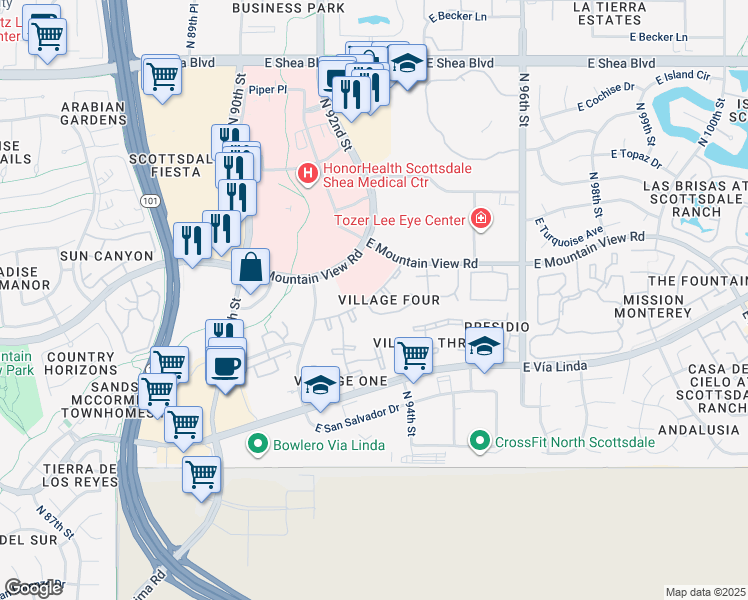 map of restaurants, bars, coffee shops, grocery stores, and more near 9675 North 93rd Way in Scottsdale