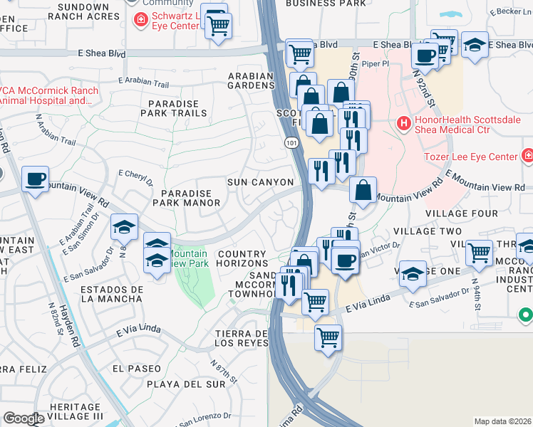 map of restaurants, bars, coffee shops, grocery stores, and more near 8787 East Mountain View Road in Scottsdale