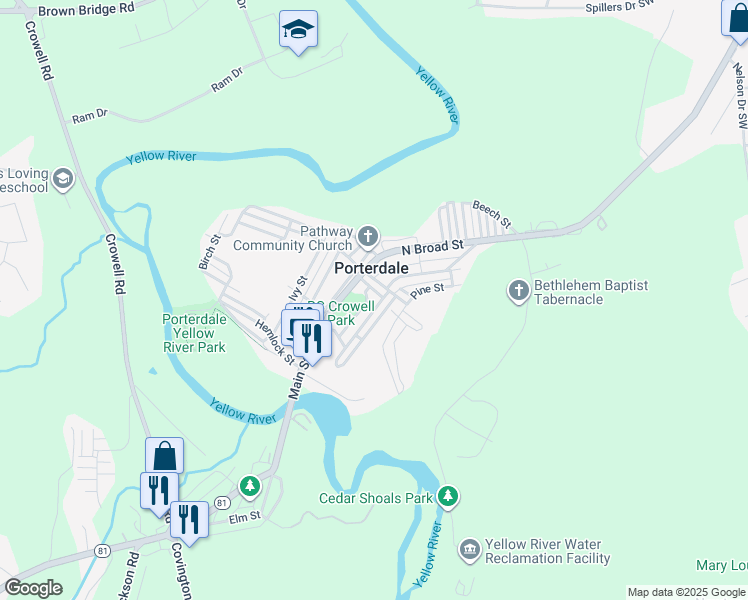 map of restaurants, bars, coffee shops, grocery stores, and more near in Porterdale