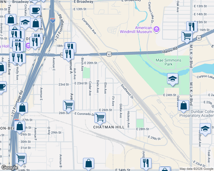 map of restaurants, bars, coffee shops, grocery stores, and more near 511 E 23rd St in Lubbock