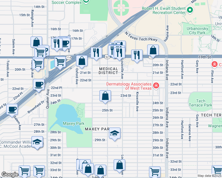 map of restaurants, bars, coffee shops, grocery stores, and more near in Lubbock