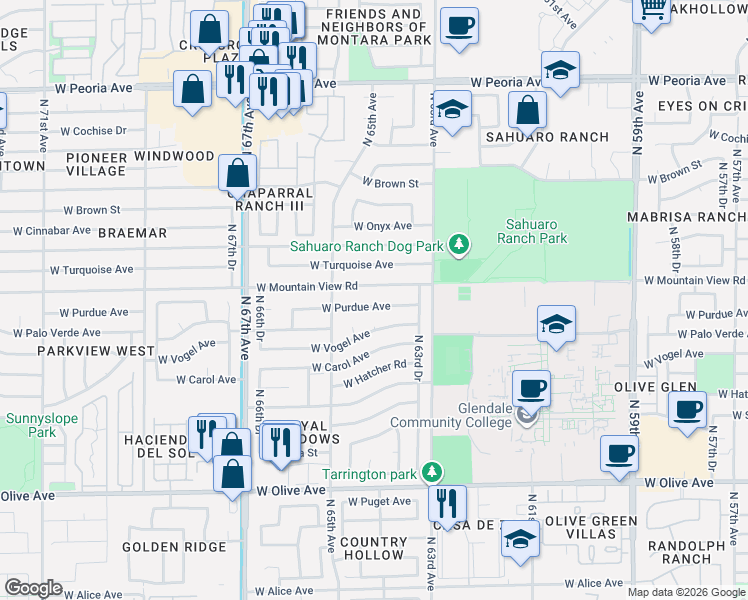 map of restaurants, bars, coffee shops, grocery stores, and more near 6351 West Mountain View Road in Glendale