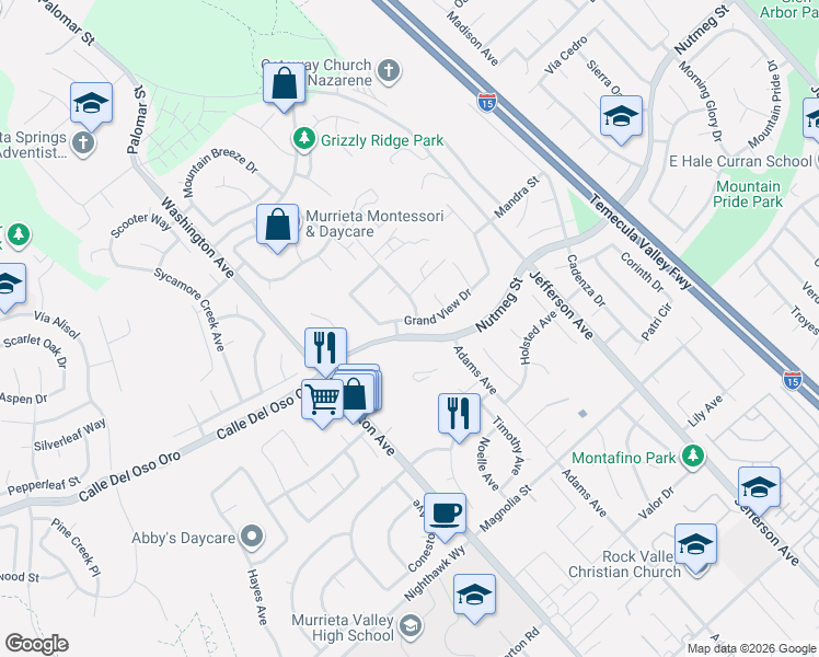 map of restaurants, bars, coffee shops, grocery stores, and more near 23765 Adams Avenue in Murrieta