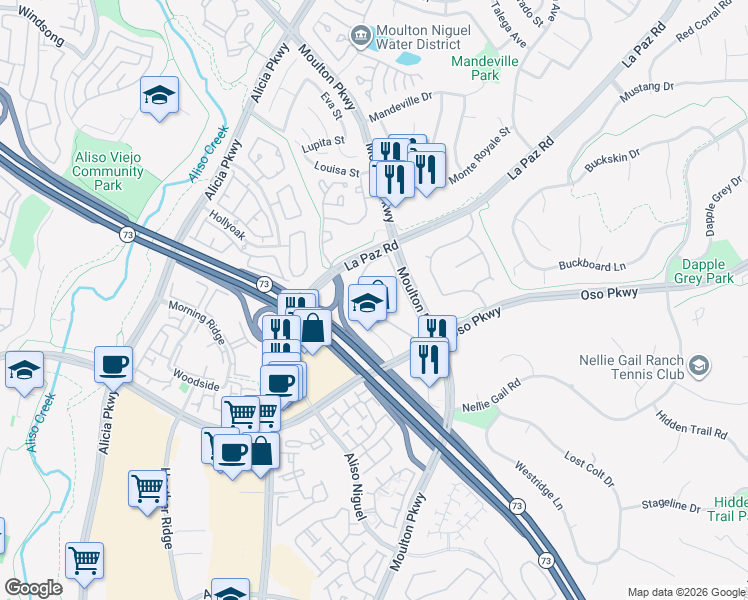 map of restaurants, bars, coffee shops, grocery stores, and more near 26701 Quail Lakes in Laguna Hills