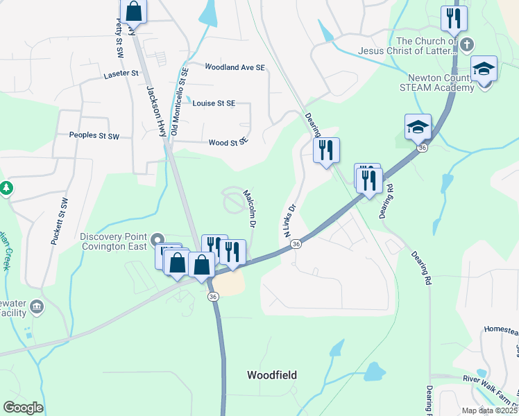 map of restaurants, bars, coffee shops, grocery stores, and more near 10110 Malcolm Court in Covington