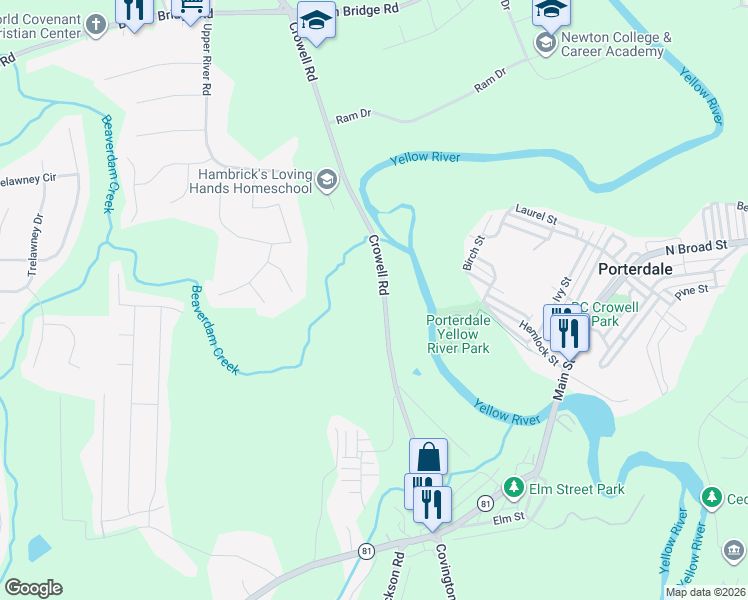 map of restaurants, bars, coffee shops, grocery stores, and more near 388 Crowell Road in Porterdale