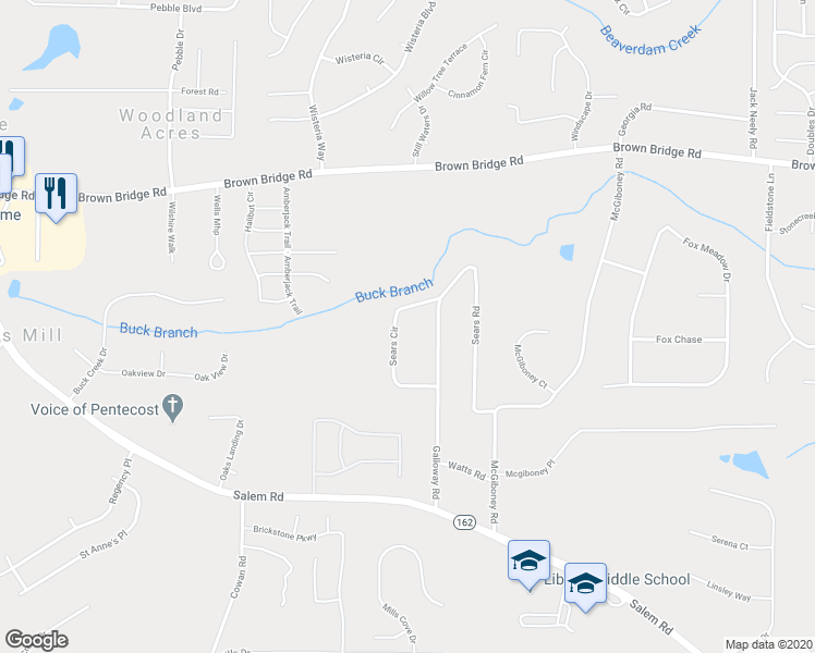 map of restaurants, bars, coffee shops, grocery stores, and more near 180 Sears Circle in Covington