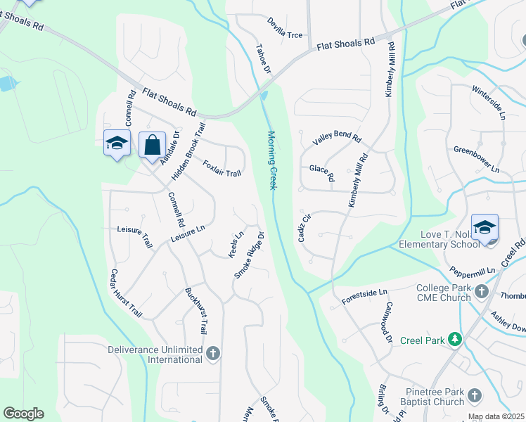 map of restaurants, bars, coffee shops, grocery stores, and more near 6590 Smoke Ridge Drive in Atlanta