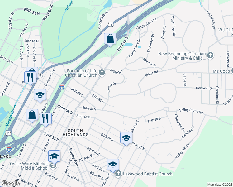 map of restaurants, bars, coffee shops, grocery stores, and more near 433 Exeter Drive in Birmingham