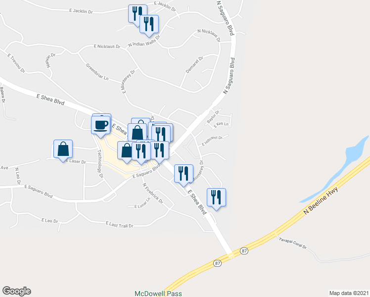 map of restaurants, bars, coffee shops, grocery stores, and more near 9750 North Monterey Drive in Fountain Hills