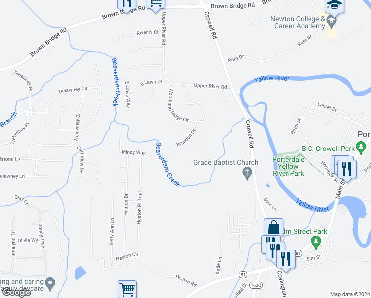 map of restaurants, bars, coffee shops, grocery stores, and more near 20 Cory Court in Covington