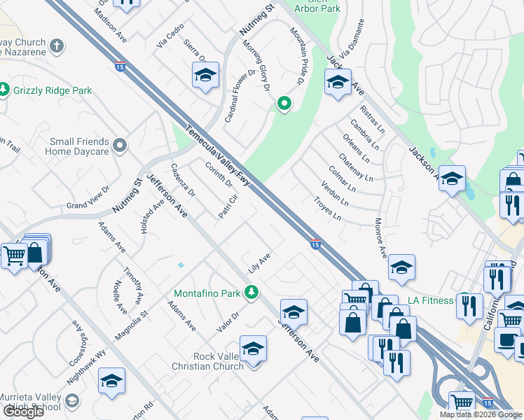map of restaurants, bars, coffee shops, grocery stores, and more near 41260 Magnolia Street in Murrieta