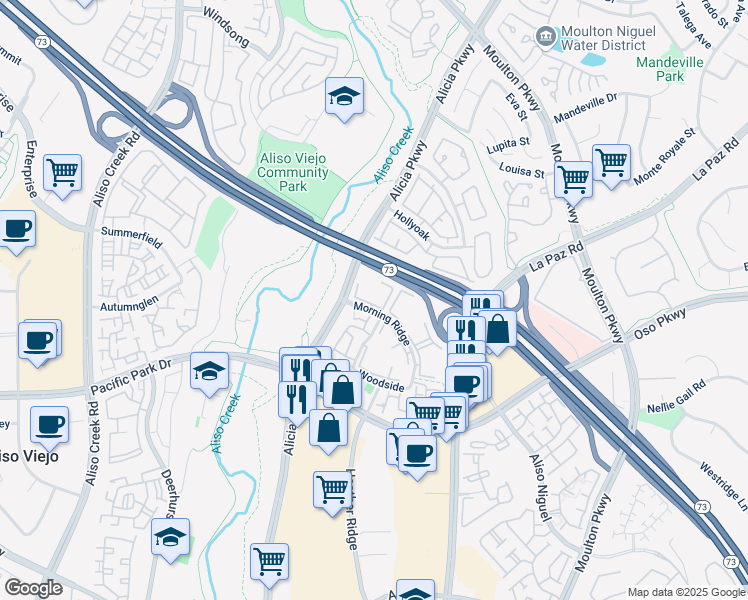 map of restaurants, bars, coffee shops, grocery stores, and more near 101 Abbeywood Lane in Aliso Viejo
