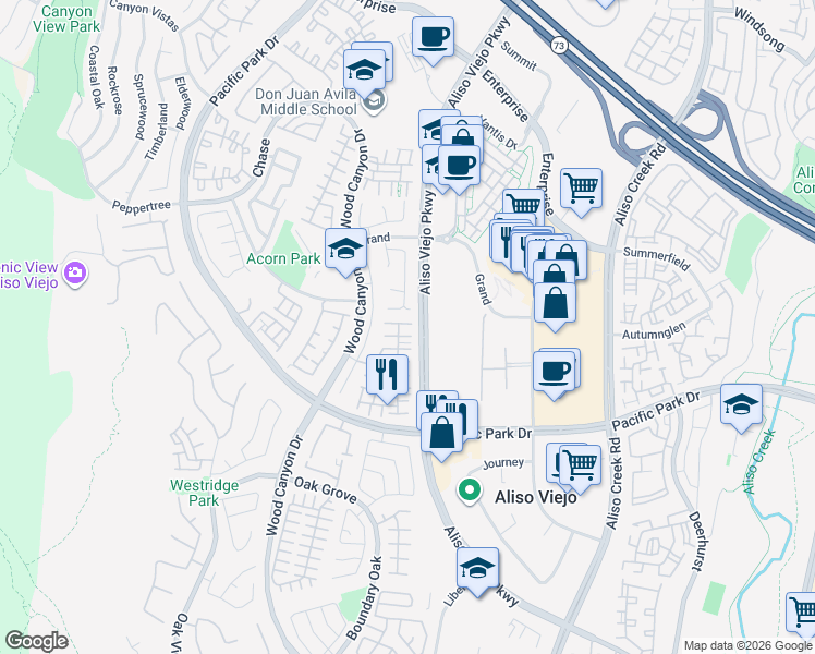 map of restaurants, bars, coffee shops, grocery stores, and more near 58 Pierremont in Aliso Viejo