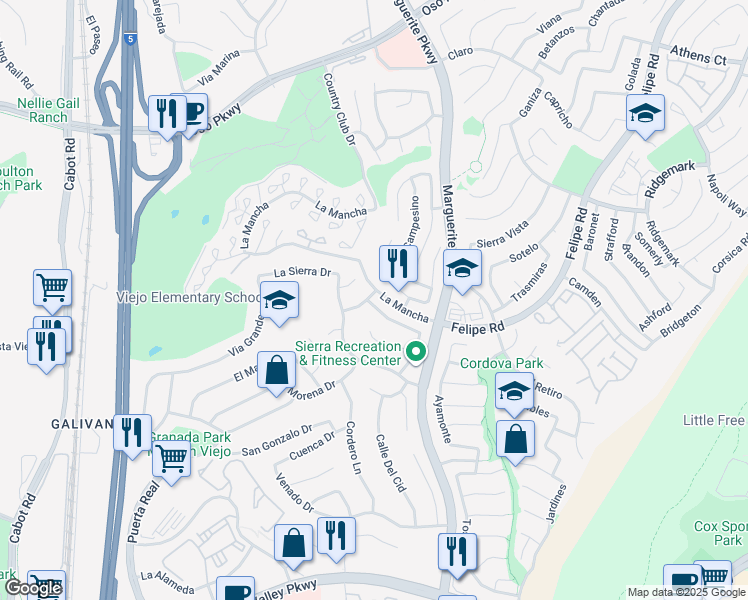 map of restaurants, bars, coffee shops, grocery stores, and more near 26871 Recodo Lane in Mission Viejo