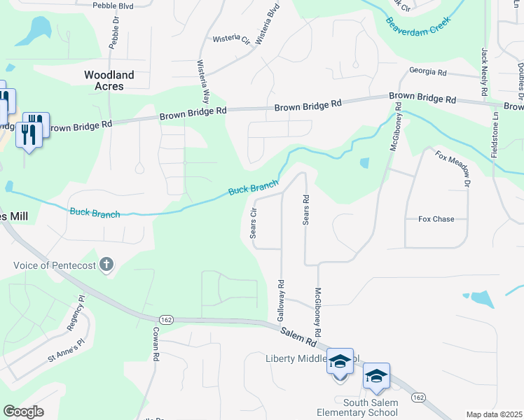 map of restaurants, bars, coffee shops, grocery stores, and more near 180 Sears Circle in Covington