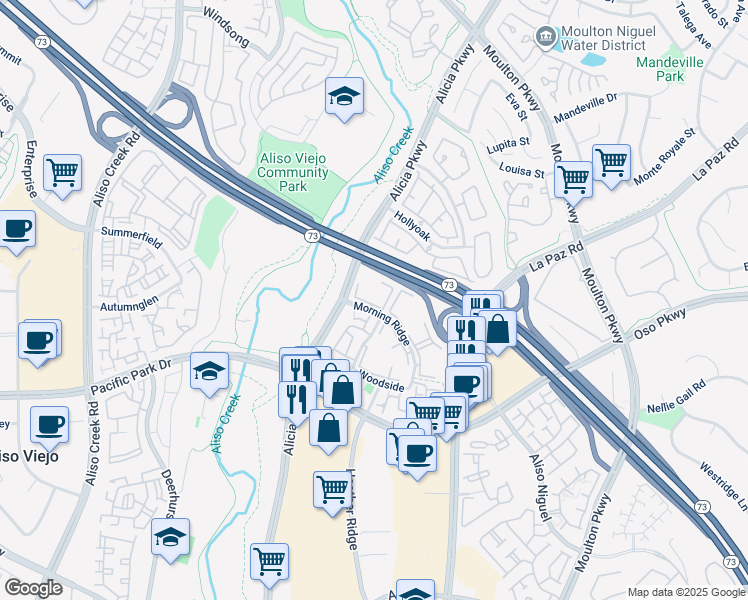 map of restaurants, bars, coffee shops, grocery stores, and more near 101 Abbeywood Lane in Aliso Viejo