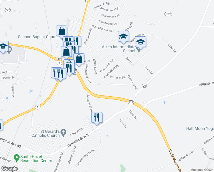 map of restaurants, bars, coffee shops, grocery stores, and more near 919 Alfred Street in Aiken