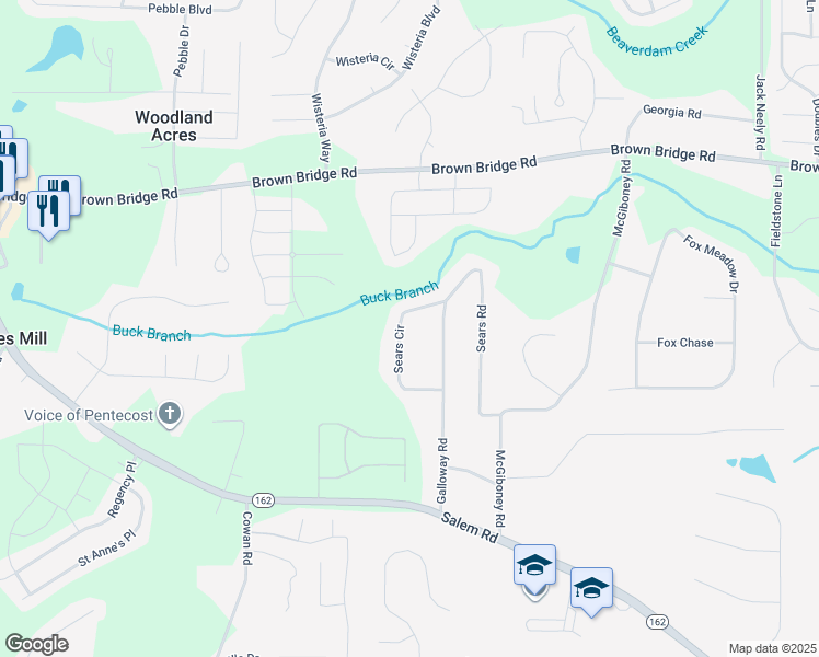 map of restaurants, bars, coffee shops, grocery stores, and more near 180 Sears Circle in Covington