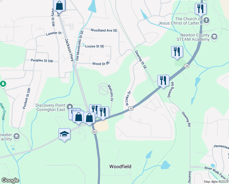 map of restaurants, bars, coffee shops, grocery stores, and more near 10110 Malcolm Court in Covington