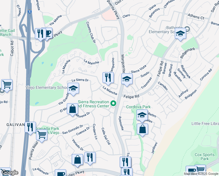map of restaurants, bars, coffee shops, grocery stores, and more near 26992 Marbella in Mission Viejo