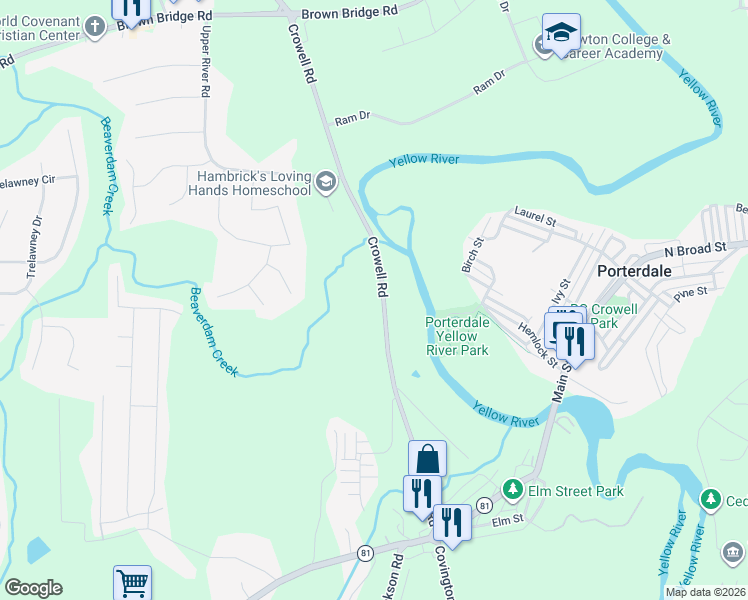 map of restaurants, bars, coffee shops, grocery stores, and more near 388 Crowell Road in Porterdale