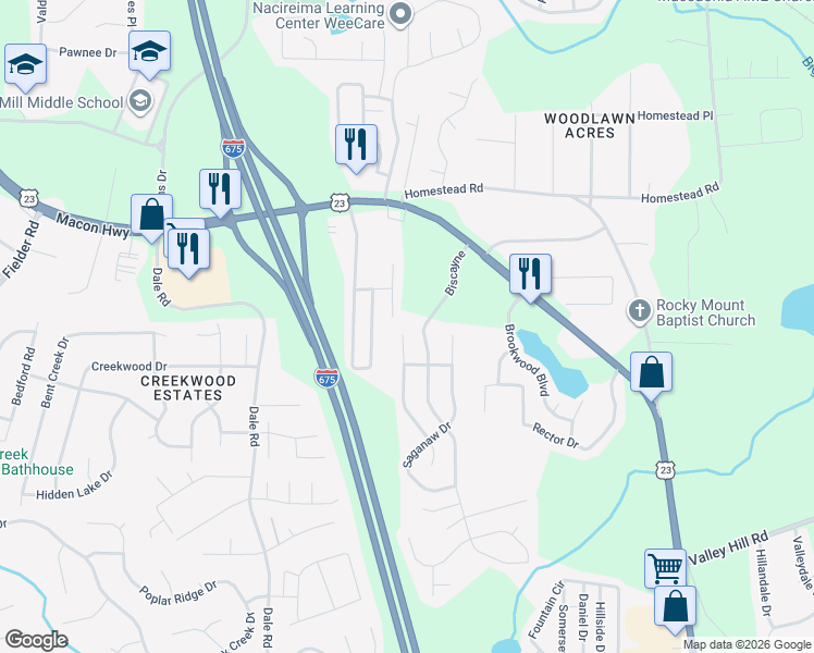 map of restaurants, bars, coffee shops, grocery stores, and more near 6545 Georgia 42 in Rex