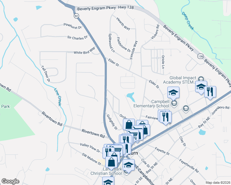 map of restaurants, bars, coffee shops, grocery stores, and more near 235 Margaret Street in Fairburn