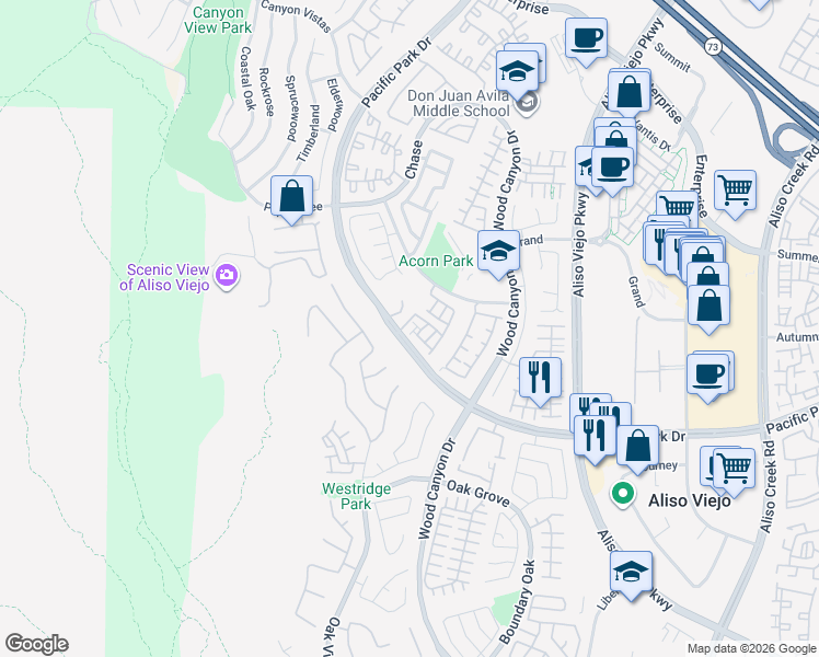 map of restaurants, bars, coffee shops, grocery stores, and more near 18 Bryce Canyon in Aliso Viejo
