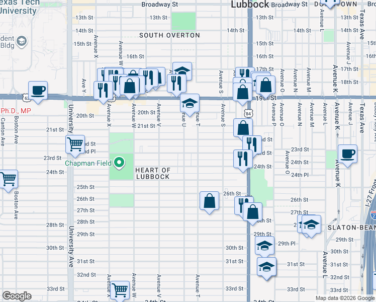 map of restaurants, bars, coffee shops, grocery stores, and more near 2009 22nd Street in Lubbock