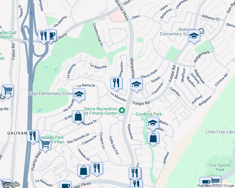 map of restaurants, bars, coffee shops, grocery stores, and more near 26992 Marbella in Mission Viejo