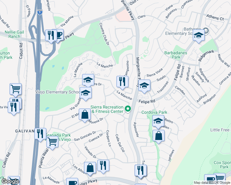map of restaurants, bars, coffee shops, grocery stores, and more near 26871 Recodo Lane in Mission Viejo