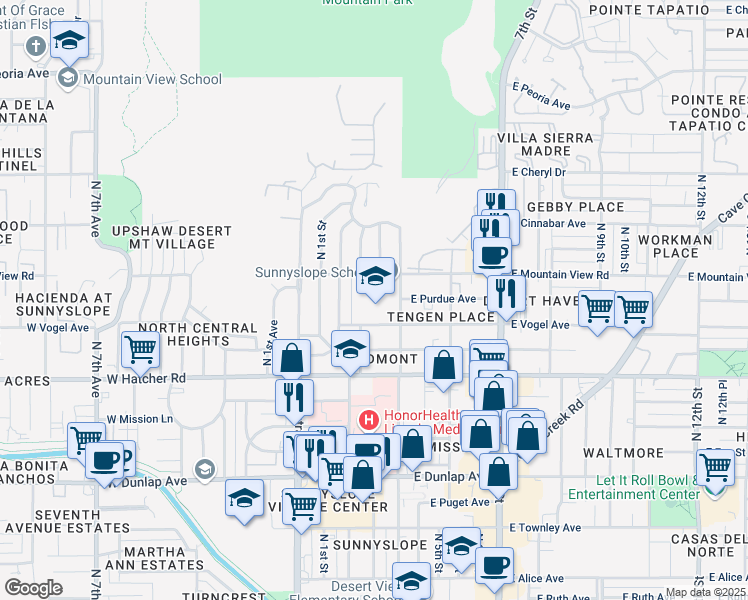 map of restaurants, bars, coffee shops, grocery stores, and more near 245 East Mountain View Road in Phoenix