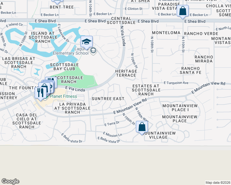 map of restaurants, bars, coffee shops, grocery stores, and more near 9722 North 105th Place in Scottsdale