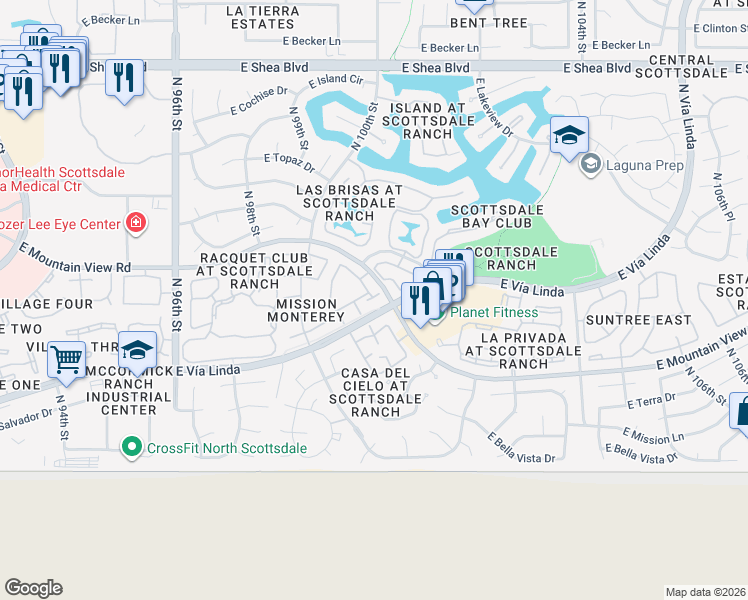 map of restaurants, bars, coffee shops, grocery stores, and more near 10019 East Mountain View Road in Scottsdale